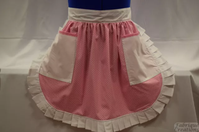 RETRO VINTAGE STYLE HALF APRON - PINK & WHITE SPOT with WHITE TRIM & 2 POCKETS