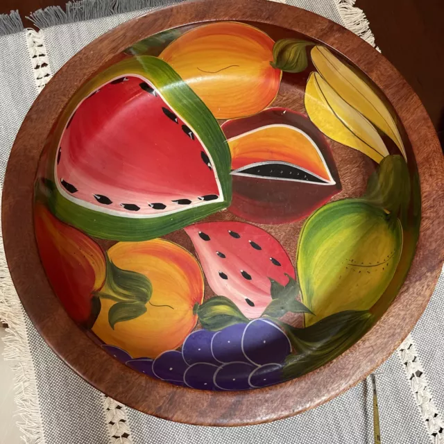 VTG Wood Lacquered Fruit Bowl Folk Art Mexican Hand Painted Turned 12.5” Wx4”T
