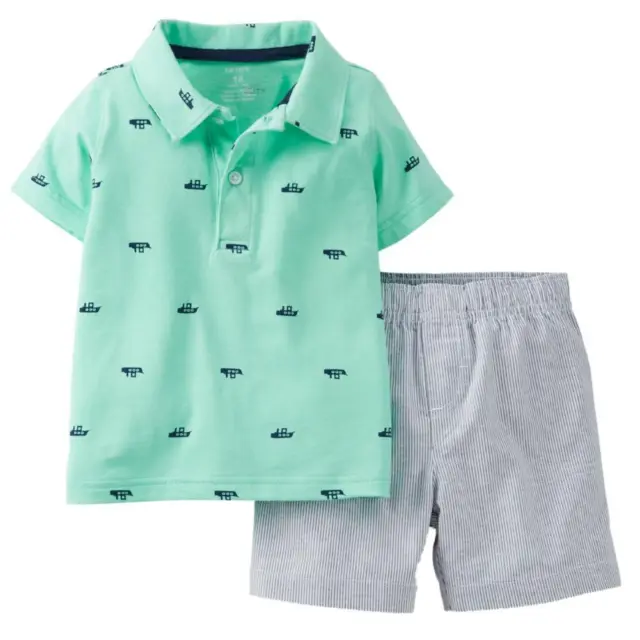 Carter's Infant Boys 2 Piece Aqua Boat Polo T-Shirt & Striped Shorts 9m