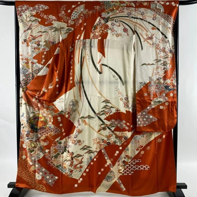 Japanese Kimono Furisode Pure Silk Crane Gold Thread Gold Paint Orange Color