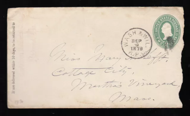 USA postal stationery rail post office WASH. & WILL. Wellesley College 1878