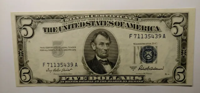 Fr-1656 1953 A $5 Silver Certificate Uncirculated Crisp Bill Serial # F71135439A