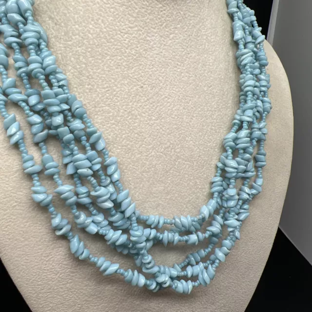 Vintage 6 strand 18” necklace blue seed glass beads (4601)