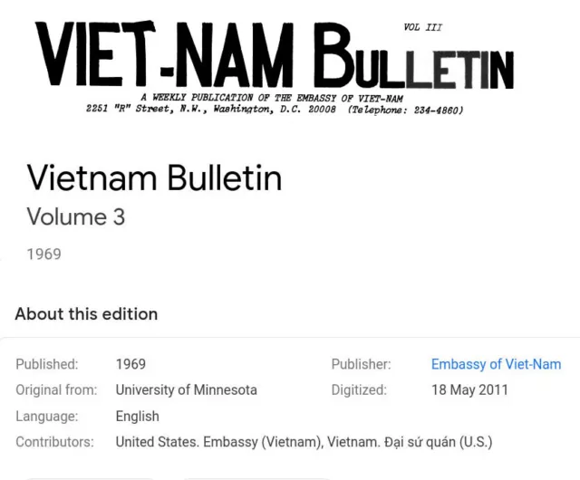 VIET-NAM BULLETIN Volume 3  1968-69 fr the Embassy of Vietnam in Washington D.C.