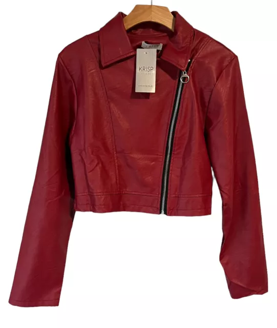 KRISP London Womens Red Faux Leather Cropped Moto Jacket Full Zip Medium NEW