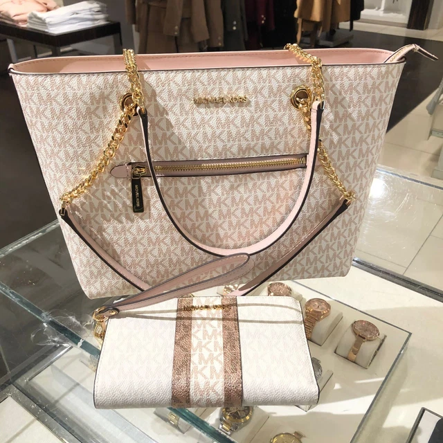 Michael Kors Jet Set Medium Front Pocket Zip Chain Tote Optic Rose/Gold+WALLET