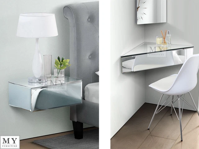 MY FURNITURE INGA MIRRORED floating bedside table console shelf