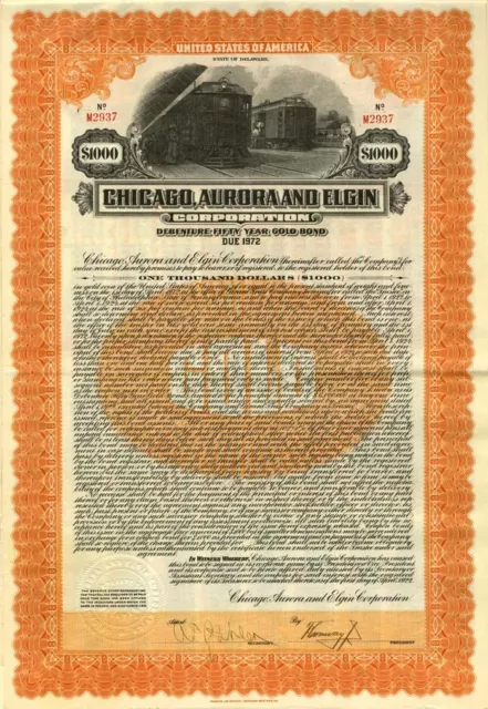 Chicago, Aurora and Elgin Railroad Corporation $1000 Bond - Railroad Bonds