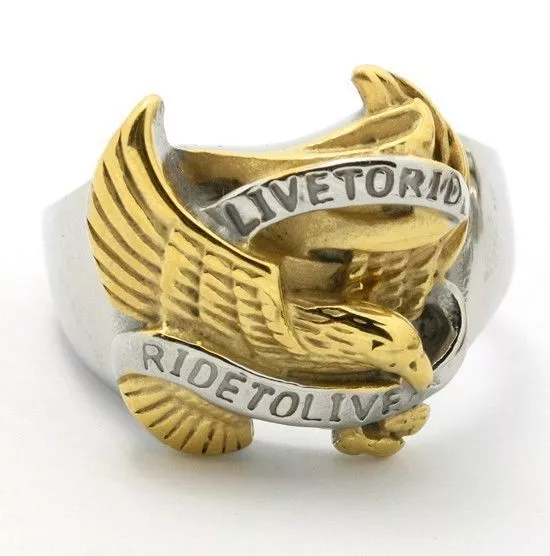 316L Stainless Steel gold toned eagle ring US 8-15 Motorcycle biker live to ride