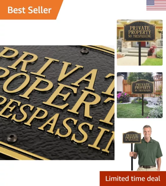 Private Property No Trespassing Sign - Solid Metal Cast Yard Plaque with Stake