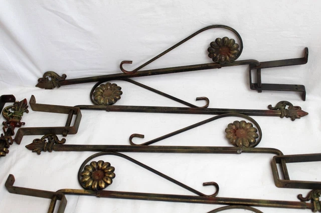 12 Vintage Floral Victorian Art Deco Swing Arm Curtain Rods ~ 6 pair w/ brackets 2