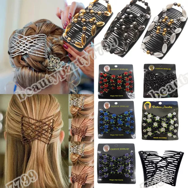 Fashion Double Hair Comb Magic Beads Elasticity Clip Stretchy Hair Combs Clips