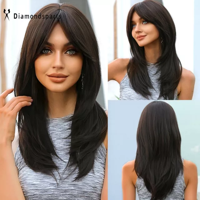 23 In Dark Brown Black Long Straight Wigs Fanshion Nutural with Bangs Daily Lady