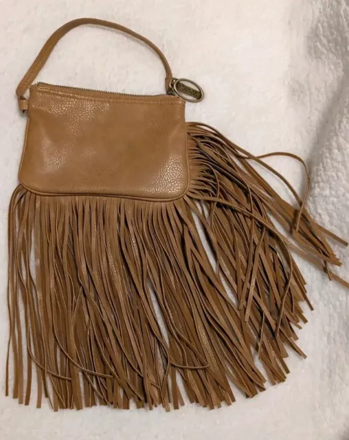 Boho style Faux leather, fringed Carlos Santana clutch purse with wrist strap