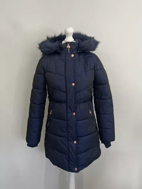 Ted Baker Girls Navy Blue Padded Quilted Warm Fur Trim Coat Age 14 Years Fab Con