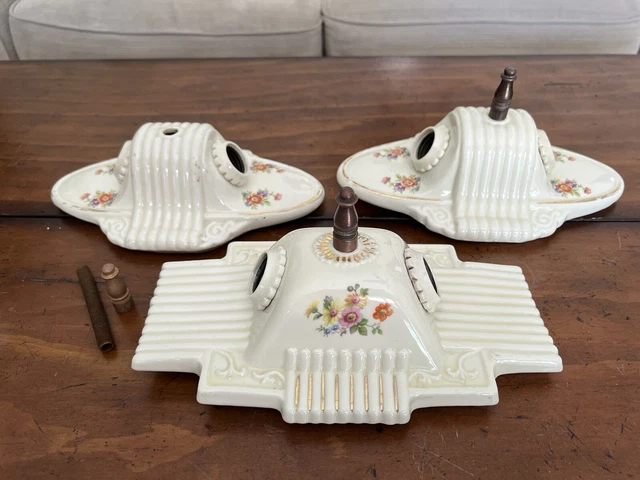 Vintage Art Deco 2 Light Ceramic Fixtures Floral Accent (set of 3)