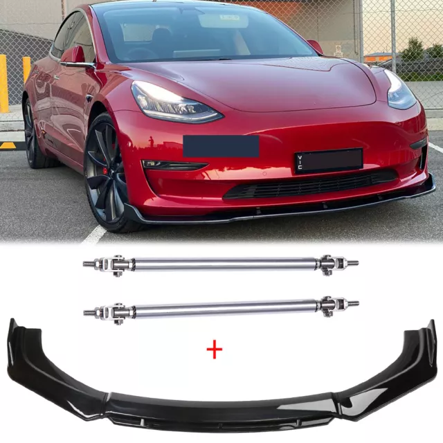 Front Bumper Lip Spoiler Splitter Body Kit +Strut Rods For Tesla Model 3 2017-21