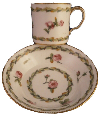 Antique 18thC Sevres Porcelain Roses Soft Paste Cup & Saucer Porzellan Tasse
