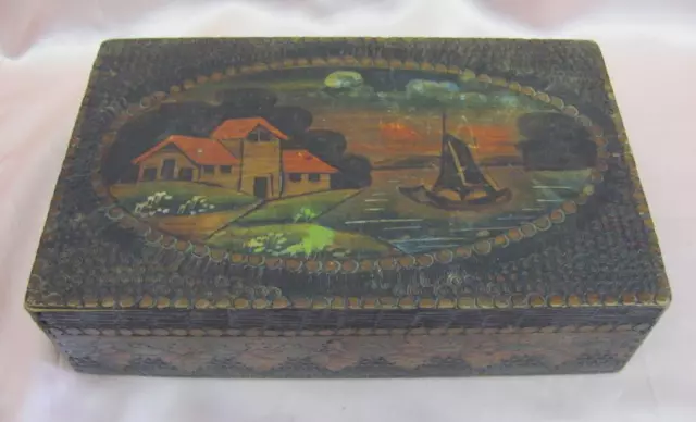 Antique Hand Painted Pyrographed Wooden Jewelry Trinket Box