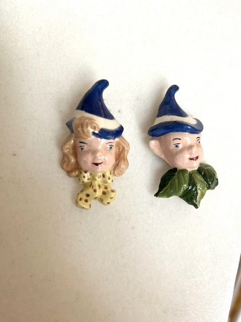Vintage Pair Of 1950s Hand Painted Elf Boy And Girl Pin Ceramic Brooches