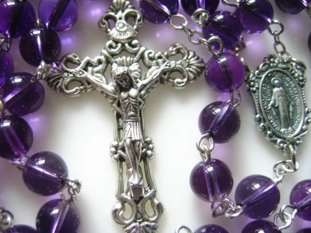 Natural Amethyst Beads Mary Rosary Italy Cross Crucifix Catholic Necklace Box