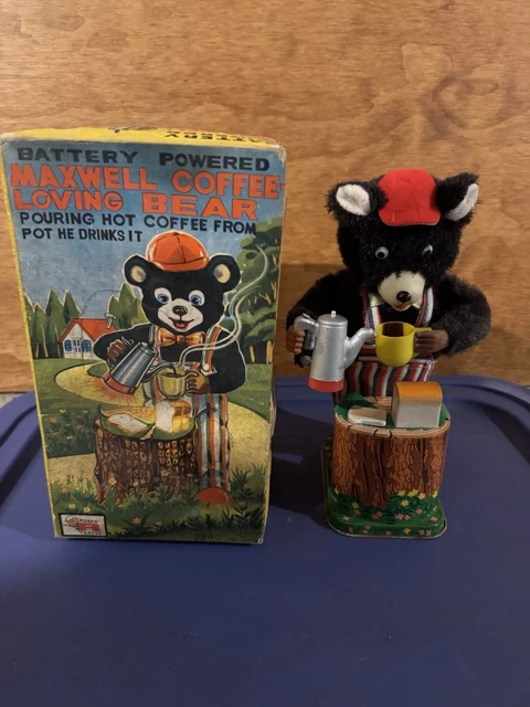 1950'S JAPAN MAXWELL Coffee Loving Bear Battery Operated -Box
