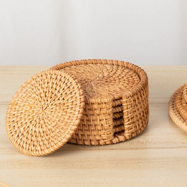 Lot De 6 Sous-Verres Rotin Rond 8 Cm + Support – Naturel & Résistant à La Chaleur