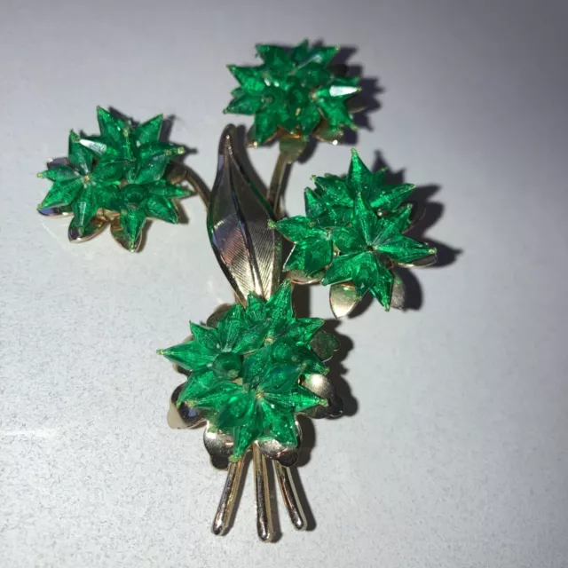 Very RARE GREEN pointed beads LARGE PIN BROOCH GOLD TONE 3" 48+ yr old Floral