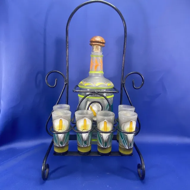 VINTAGE Mexican TEQUILA DECANTER & (6) Calla Lily Shot Glass Set Metal Rack