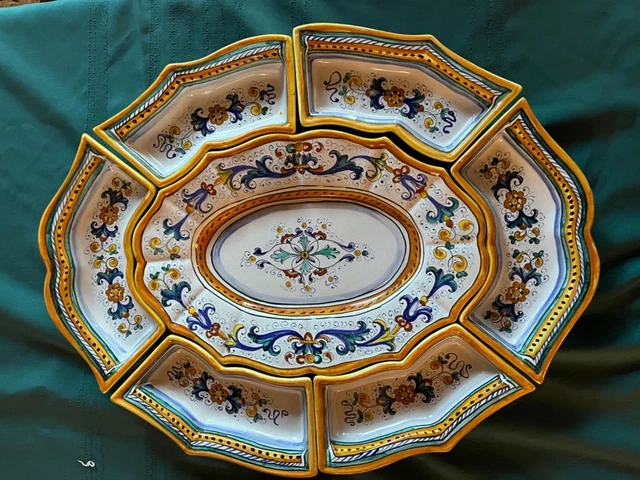 Deruta ITALY Pottery-7 piece antipasto set Made/Painted by hand  scalloped edge