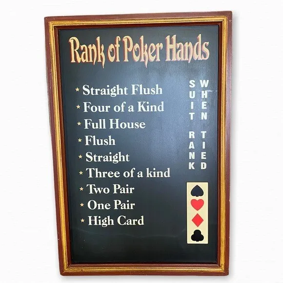 Vintage Rank of Poker Hands Wooden Frame Game Room Sign 19X13 - GOOD
