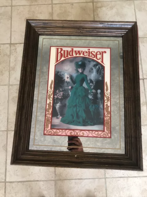 Vintage Budweiser Girl Beer Man Cave Bar Sign Lady in Green Mirror