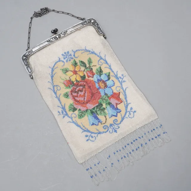 Stile Liberty Borsa di Perle Operntasche Um 1900 Perline Ricamate Rosa Fiori