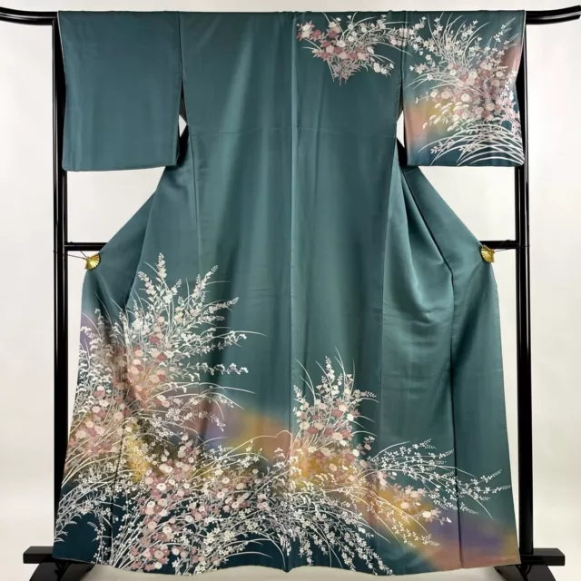 Japanese kimono "HOMONGI" SIL,GLD leaf, Plants,Gladation,Blue-green,L5'3.4".3708