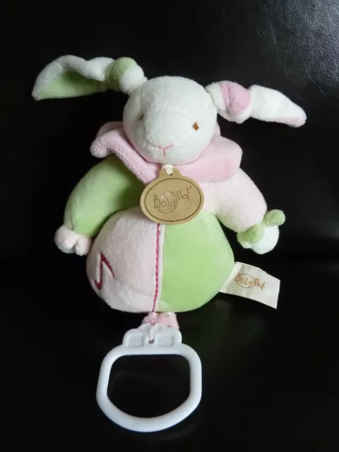Y9- DOUDOU PELUCHE MUSICAL BABY NAT' babynat' LAPIN VERT ROSE BOULE -  ETAT NEUF