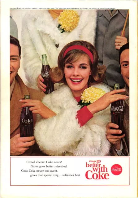 1963 Coca Cola Classic Print Ad Pretty Woman White Coat Yellow Flower Vintage