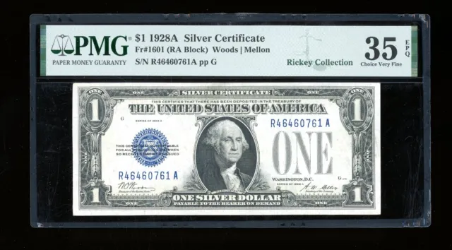 DBR 1928-A $1 Silver Funnyback Fr. 1601 RA Block PMG 35 EPQ Serial R46460761A