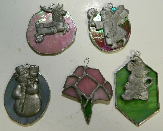 (5) Handcrafted Leaded Stained Slag Glass & Pewter Character Ornaments Excellent