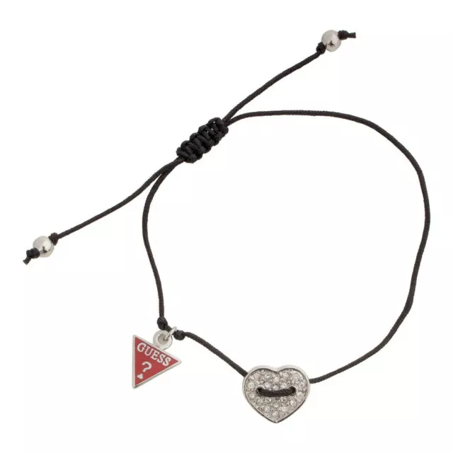 Guess Jewelry UBB11331 Ladies Black Cord Diamond Heart Charm Bracelet