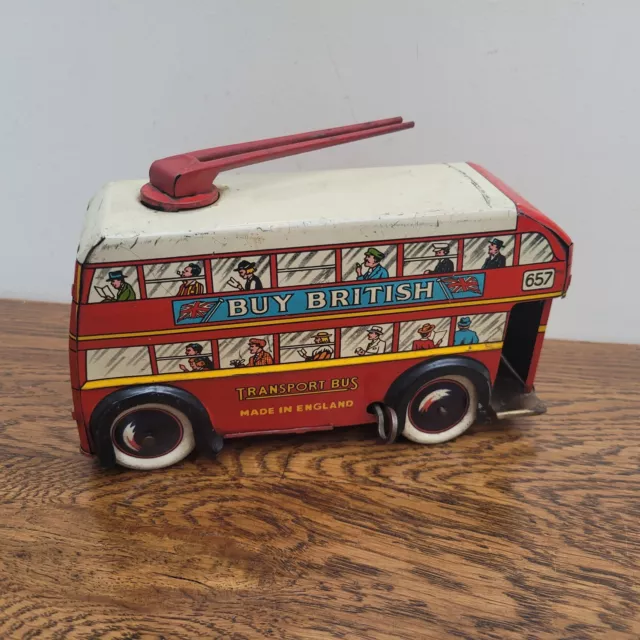 Brimtoy 657 Tinplate Clockwork Double Decker Trolley Bus Working