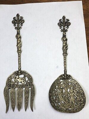 Vintage Metal Ornate Serving Spoon & Fork Italy Cherubs Putti Fleur De Lis