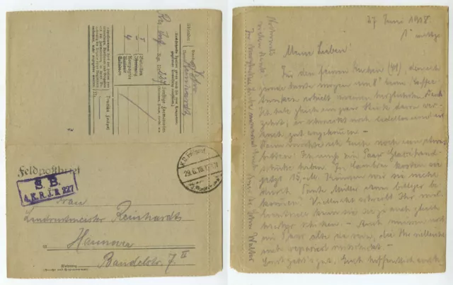 97592 - Feldpostbrief - 29.6.1918 nach Hannover