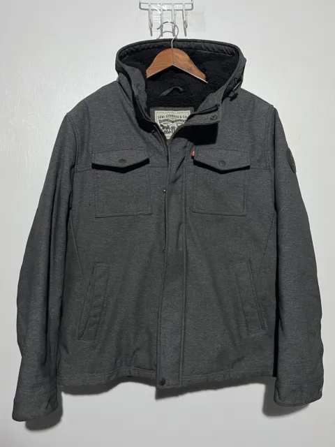 Levi’s Jacket Large Gray Full Zip Hooded Sherpa Fleece Lined Pockets Coat Mens