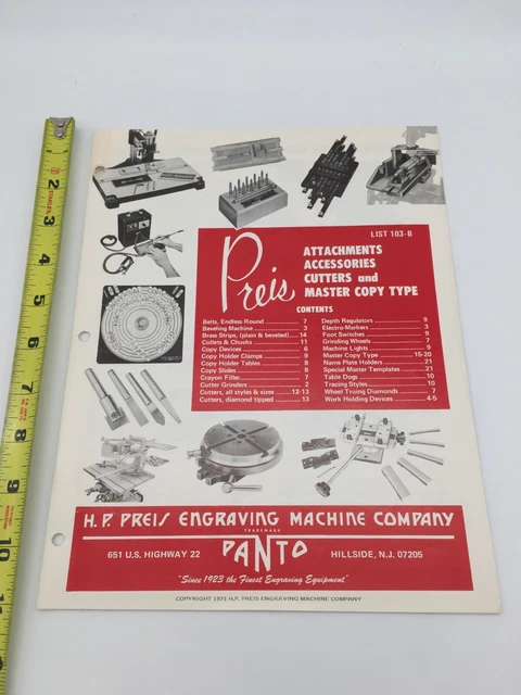 H P Preis Panto Engraving Machine Sales & Specification Brochure - Hillside N.j.