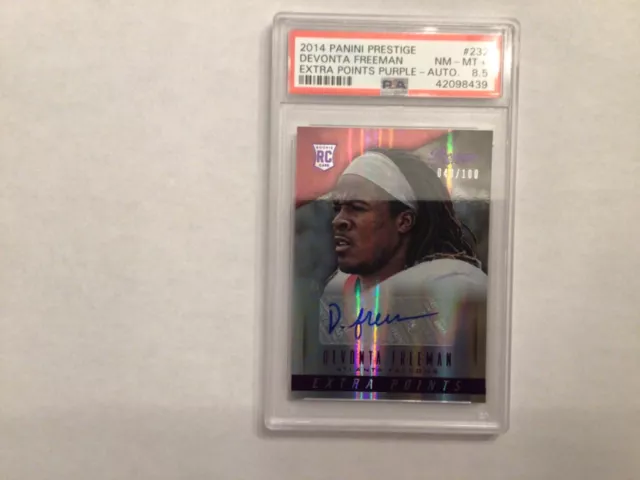 2014 Prestige Devonta Freeman Extra Points Purple Auto /100 PSA8.5