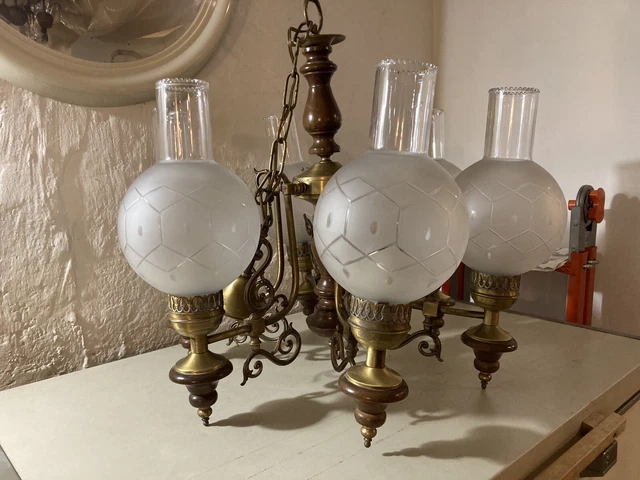 Lampadario Ottone  Legno  6 Luci vetro Bisellato Anni 70