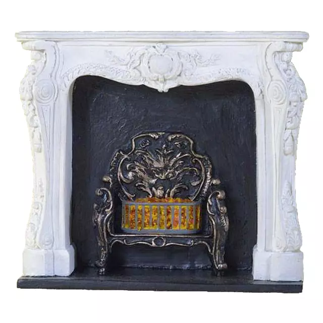 DOLLS HOUSE 1/12th FIREPLACE WHITE "ROCOCO" WITH FIREBASKET