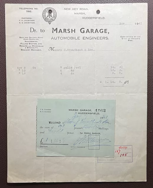 1941 Marsh Garage, Automobile Engineers, New Hey Rd, Marsh, Huddersfield Invoice