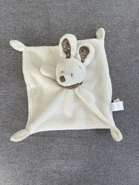 Doudou plat lapin blanc oreilles marron brodées écharpe doux NICOTOY Bandana