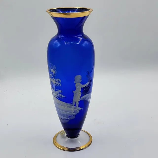 Vintage Cobalt Blue Glass Mary Gregory Hand Painted Gold Trim Vase Girl Fishing